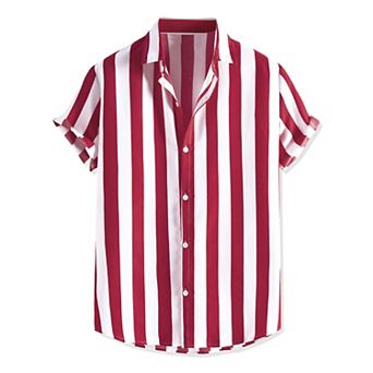 Men's Short Sleeved Color Block Button Down Beach Stripe Shirt