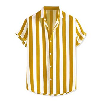 Men's Short Sleeved Color Block Button Down Beach Stripe Shirt
