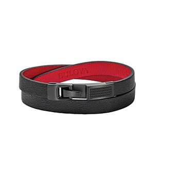 Bulova Men's Precisionist Black Diamond Accent & Black Leather Double Wrap Bracelet