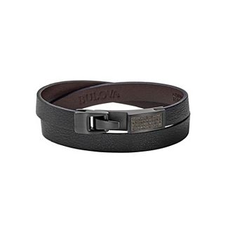 Bulova Men's Precisionist Black Diamond Accent & Black Leather Double Wrap Bracelet