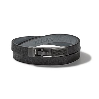 Bulova Men's Latin Grammy Black Diamond Accent & Leather Double Wrap Bracelet