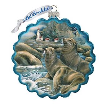 G.Debrekht Lions of the Sea Lighthouse Caves Wreath Glass Ornament by J. Bergsma DecorWildlife Holiday Decor - 759-883-JB