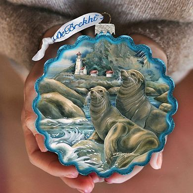 G.Debrekht Lions of the Sea Lighthouse Caves Wreath Glass Ornament by J. Bergsma DecorWildlife Holiday Decor - 759-883-JB