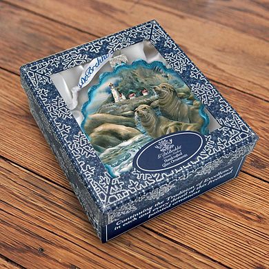 G.Debrekht Lions of the Sea Lighthouse Caves Wreath Glass Ornament by J. Bergsma DecorWildlife Holiday Decor - 759-883-JB