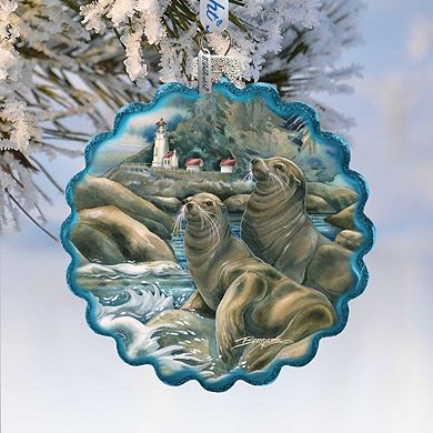 G.Debrekht Lions of the Sea Lighthouse Caves Wreath Glass Ornament by J. Bergsma DecorWildlife Holiday Decor - 759-883-JB