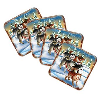 Huskies Wooden Cork Coasters Gift Set of 4 by Nature Wonders