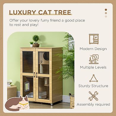 PawHut Cat House with Cat Tree Inside, Kitty Cage with Scratching Posts, Condo, Pet Enclosure with Lockable Wheels, Flap Door, Cushion, for Indoor Cats, Oak, 31.5" x 20" x 48.5"