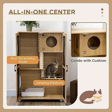 PawHut Cat House with Cat Tree Inside, Kitty Cage with Scratching Posts, Condo, Pet Enclosure with Lockable Wheels, Flap Door, Cushion, for Indoor Cats, Oak, 31.5" x 20" x 48.5"
