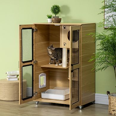 PawHut Cat House with Cat Tree Inside, Kitty Cage with Scratching Posts, Condo, Pet Enclosure with Lockable Wheels, Flap Door, Cushion, for Indoor Cats, Oak, 31.5" x 20" x 48.5"