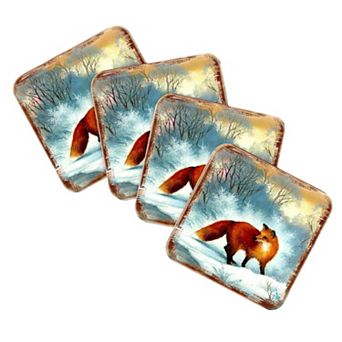 Fox Wooden Cork Coasters Gift Set of 4 by Nature Wonders