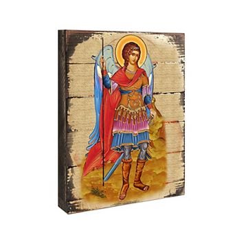 G.Debrekht Saint Michael the Archangel Wooden Gold Plated Religious Christian Sacred Icon Inspirational Icon Décor