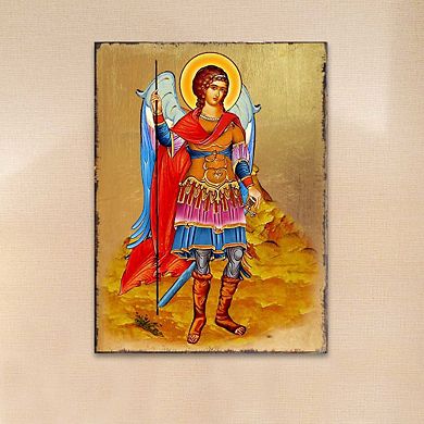 G.Debrekht Saint Michael the Archangel Wooden Gold Plated Religious Christian Sacred Icon Inspirational Icon Décor