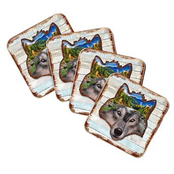 Wolf Face Wooden Cork Coasters Gift Set of 4 by Nature Wonders
