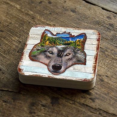 Wolf Face Wooden Cork Coasters Gift Set of 4 by Nature Wonders