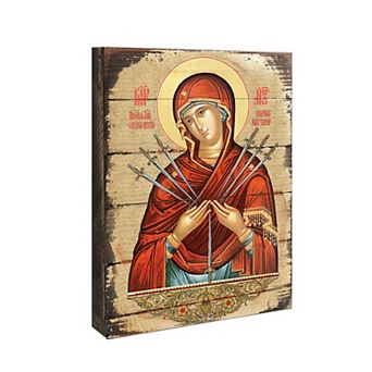 G.Debrekht Virgin Mary of the Seven Swords Wooden Gold Plated Religious Christian Sacred Icon Inspirational Icon Décor