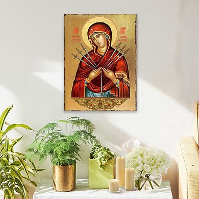 G.Debrekht Virgin Mary of the Seven Swords Wooden Gold Plated Religious Christian Sacred Icon Inspirational Icon Décor