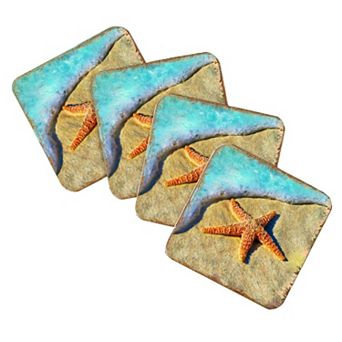 Starfish Coastal Wooden Cork Coasters Gift Set of 4 by Nature Wonders