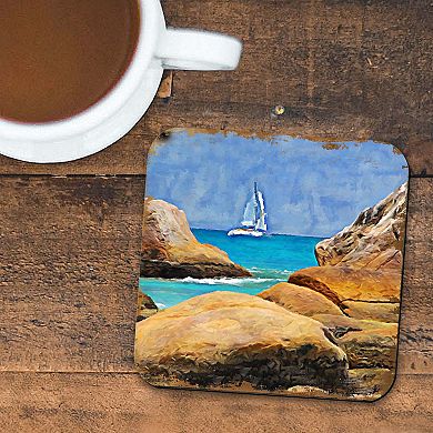 Sailboat Coastal Wooden Cork Coasters Gift Set of 4 by Nature Wonders