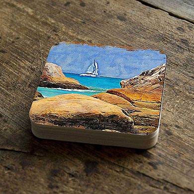 Sailboat Coastal Wooden Cork Coasters Gift Set of 4 by Nature Wonders