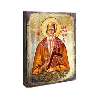 G.Debrekht Saint Charalambous Wooden Gold Plated Religious Christian Sacred Icon Inspirational Icon Décor