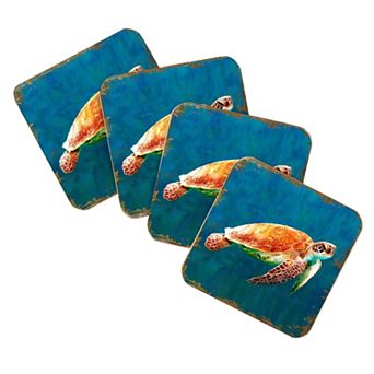 Sea Turtle Coastal Wooden Cork Coasters Gift Set of 4 by Nature Wonders