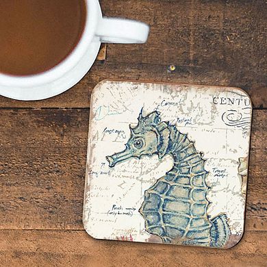 Seahorse Coastal Wooden Cork Coasters Gift Set of 4 by Nature Wonders