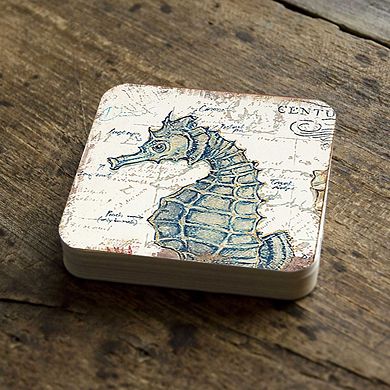 Seahorse Coastal Wooden Cork Coasters Gift Set of 4 by Nature Wonders