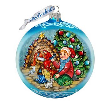 Nativity by the Christmas Tree Lg Glass Christmas Ornament in Blue by G.Debrekht
