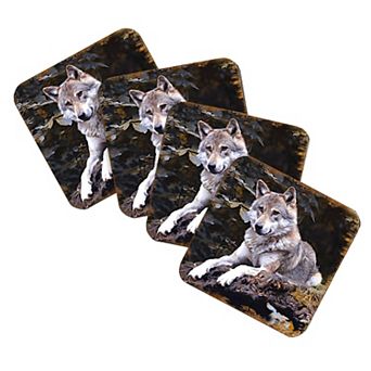 Wolf Wooden Cork Coasters Gift Set of 4 by Nature Wonders
