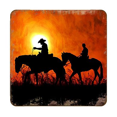 Cowboy Sunset Ride Wooden Cork Coasters Gift Set of 4 by Nature Wonders