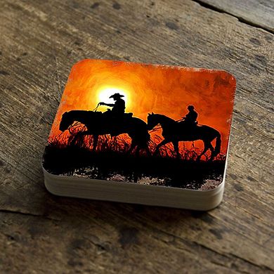 Cowboy Sunset Ride Wooden Cork Coasters Gift Set of 4 by Nature Wonders