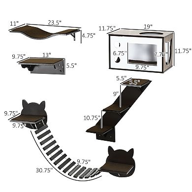 PawHut Cat Shelves with Ergonomically Curved Platform, Cozy Cat House, Bridge, Easy Stairs, and Flat Perch, Wall-Mounted Cat Tree Climbing Playground, Modern Cat Tree, Coffee Brown