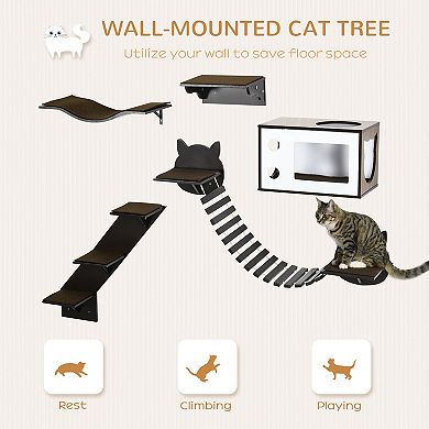 PawHut Cat Shelves with Ergonomically Curved Platform, Cozy Cat House, Bridge, Easy Stairs, and Flat Perch, Wall-Mounted Cat Tree Climbing Playground, Modern Cat Tree, Coffee Brown