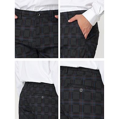 Men's Plaid Dress Pants Slim Fit Flat Front Business Check Trousers