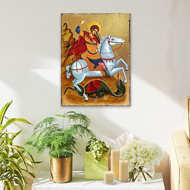G.Debrekht Saint George Wooden Gold Plated Religious Orthodox Sacred Icon Inspirational Icon Décor