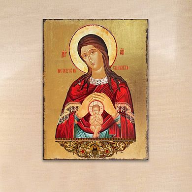 G.Debrekht Blessed Virgin Mary Lifegiving Wooden Gold Plated Religious Christian Sacred Icon Inspirational Icon Décor