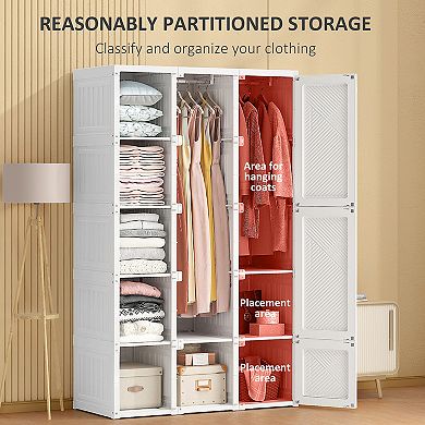 HOMCOM Portable Wardrobe Closet, Bedroom Armoire, Foldable Clothes Organizer with Cube Storage, Hanging Rods, and Magnet Doors, White
