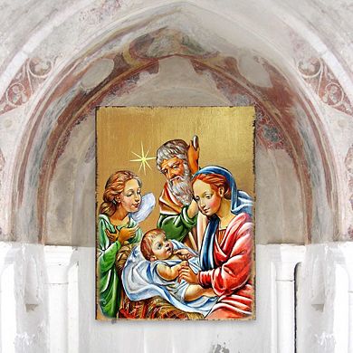 G.Debrekht Nativity with Angel Wooden Gold Plated Religious Christian Sacred Icon Inspirational Icon Décor