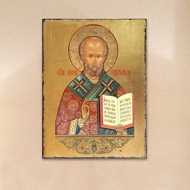 G.Debrekht Saint Nicholas Wooden Gold Plated Religious Orthodox Sacred Icon Inspirational Icon Décor