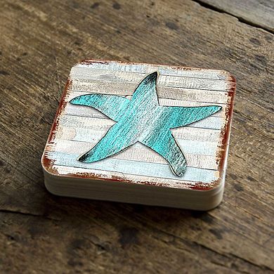Starfish Coastal Wooden Cork Coasters Gift Set of 4 by Nature Wonders