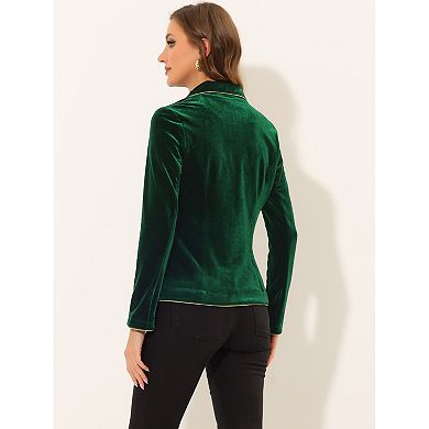 Women's Office One Button Notched Lapel Long Sleeves Velvet Blazer