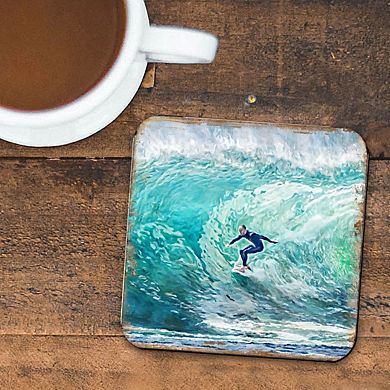 Surfer Coastal Wooden Cork Coasters Gift Set of 4 by Nature Wonders