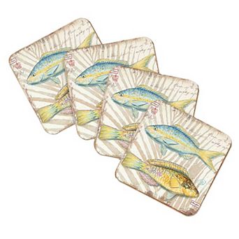 Fish Coastal Wooden Cork Coasters Gift Set of 4 by Nature Wonders
