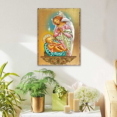 G.Debrekht Blessing Angel with Child Wooden Gold Plated Religious Christian Sacred Icon Inspirational Icon Décor