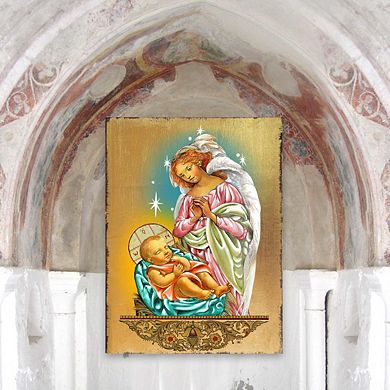 G.Debrekht Blessing Angel with Child Wooden Gold Plated Religious Christian Sacred Icon Inspirational Icon Décor