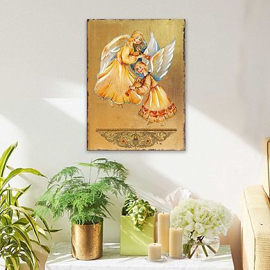 G.Debrekht Angels Watching Over You Wooden Gold Plated Religious Christian Sacred Icon Inspirational Icon Décor