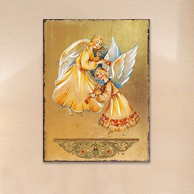 G.Debrekht Angels Watching Over You Wooden Gold Plated Religious Christian Sacred Icon Inspirational Icon Décor