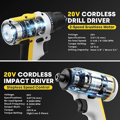 Eventor Cordless Drill Combo Kit, Brushless Power Tool Set with LED Lights