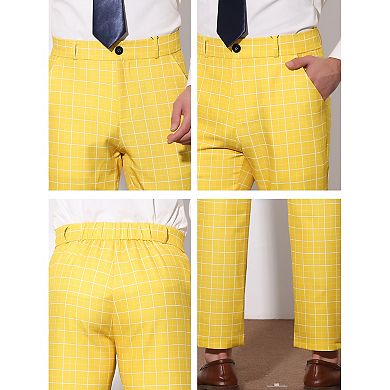 Mens Plaid Regular Fit Flat Front Classic Elastic Waist Suit Pants