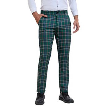 Mens Plaid Regular Fit Flat Front Classic Elastic Waist Suit Pants